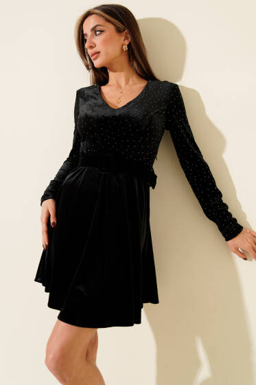 V Yaka Taşlı Mini Kadife Elbise Siyah - Kadın Giyim Modelleri