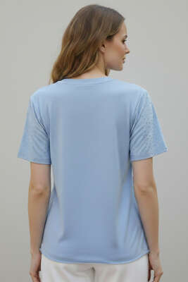 V Yaka Taşlı T-shirt Bebe Mavi - Kadın Giyim Modelleri