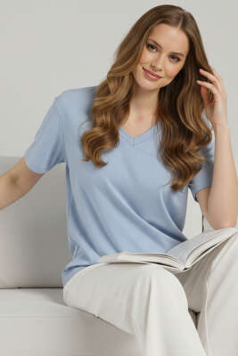 V Yaka Taşlı T-shirt Bebe Mavi - CALİENTE