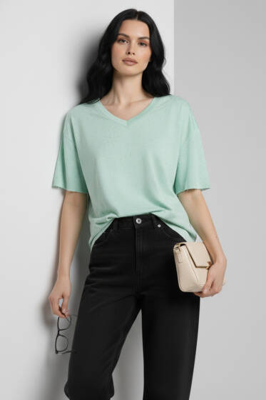 V Yaka Taşlı T-shirt Mint - Kadın Giyim Modelleri