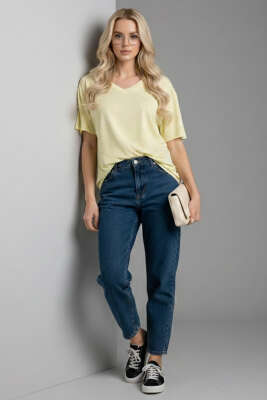 V Yaka Taşlı T-shirt Sarı - Kadın Giyim Modelleri