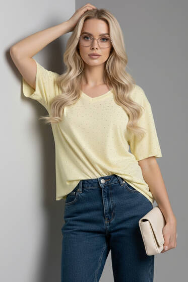 V Yaka Taşlı T-shirt Sarı - Kadın Giyim Modelleri