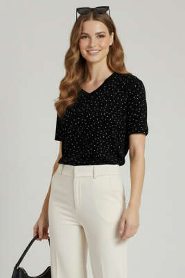 V Yaka Taşlı T-shirt Siyah - CALİENTE