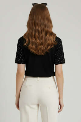 V Yaka Taşlı T-shirt Siyah - Kadın Giyim Modelleri