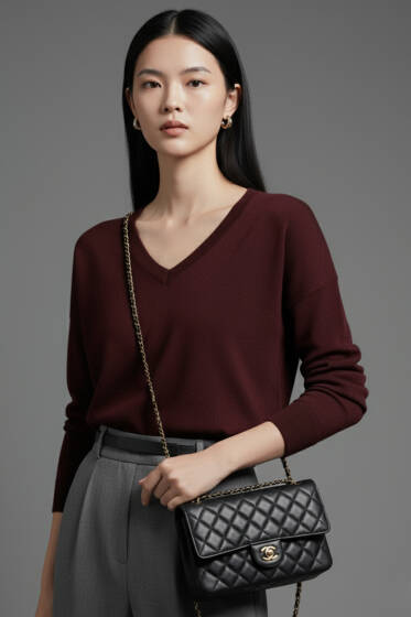 V Yaka Triko Kazak Burgonya - Kadın Giyim Modelleri