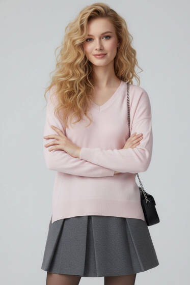 V Yaka Triko Kazak Pembe - Kadın Giyim Modelleri