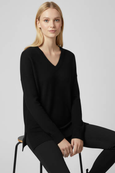 V Yaka Triko Kazak Siyah - Kadın Giyim Modelleri