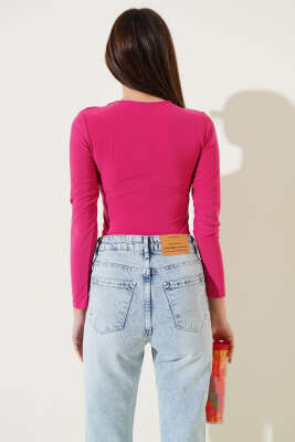 V Yaka Uzun Kol Bluz Fuşya - Kadın Giyim Modelleri