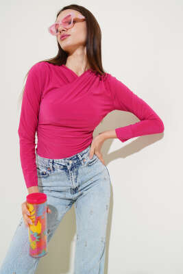 V Yaka Uzun Kol Bluz Fuşya - Kadın Giyim Modelleri