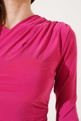 V Yaka Uzun Kol Bluz Fuşya - Kadın Giyim Modelleri