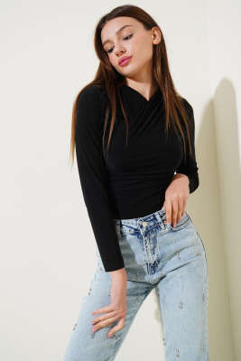 V Yaka Uzun Kol Bluz Siyah - Kadın Giyim Modelleri