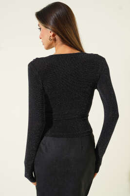 V Yaka Uzun Kol Simli Bluz Siyah - Kadın Giyim Modelleri