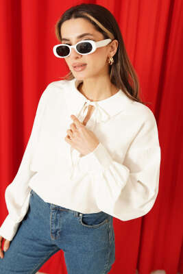 V Yaka Uzun Kol Tensel Bluz Ekru - LUSTRİN