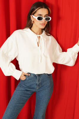 V Yaka Uzun Kol Tensel Bluz Ekru - Kadın Giyim Modelleri