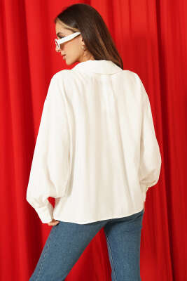 V Yaka Uzun Kol Tensel Bluz Ekru - Kadın Giyim Modelleri