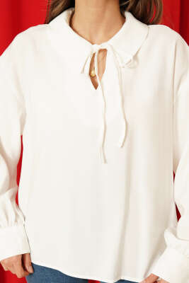 V Yaka Uzun Kol Tensel Bluz Ekru - Kadın Giyim Modelleri