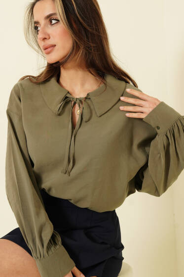 V Yaka Uzun Kol Tensel Bluz Haki - Kadın Giyim Modelleri