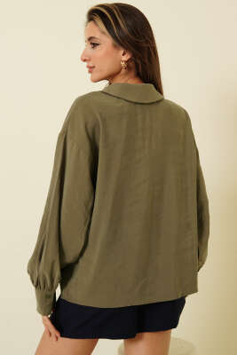 V Yaka Uzun Kol Tensel Bluz Haki - Kadın Giyim Modelleri