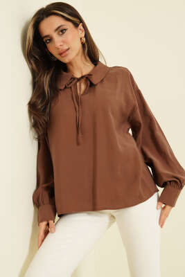 V Yaka Uzun Kol Tensel Bluz Kahve - LUSTRİN