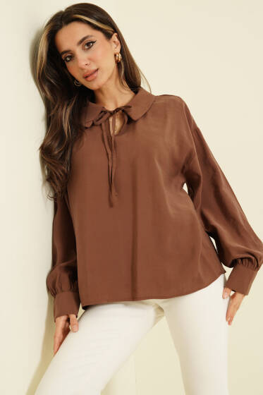 V Yaka Uzun Kol Tensel Bluz Kahve - Kadın Giyim Modelleri