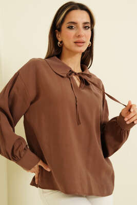 V Yaka Uzun Kol Tensel Bluz Kahve - Kadın Giyim Modelleri