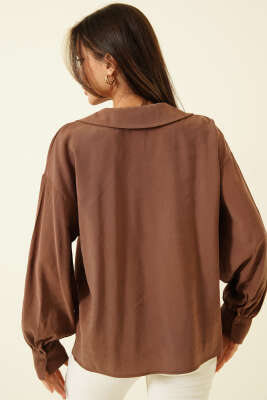 V Yaka Uzun Kol Tensel Bluz Kahve - Kadın Giyim Modelleri