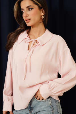 V Yaka Uzun Kol Tensel Bluz Pudra - LUSTRİN