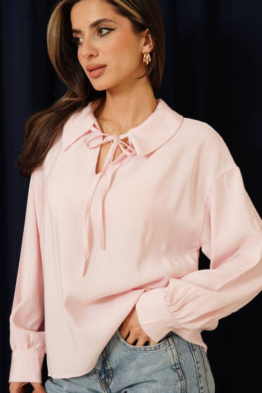 V Yaka Uzun Kol Tensel Bluz Pudra - Kadın Giyim Modelleri