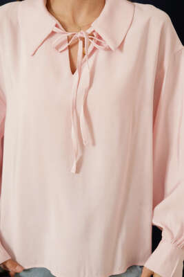 V Yaka Uzun Kol Tensel Bluz Pudra - Kadın Giyim Modelleri