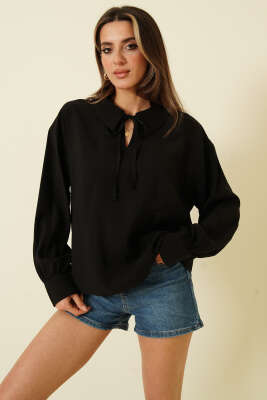 V Yaka Uzun Kol Tensel Bluz Siyah - LUSTRİN