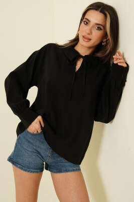 V Yaka Uzun Kol Tensel Bluz Siyah - Kadın Giyim Modelleri