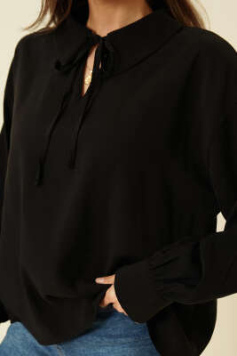 V Yaka Uzun Kol Tensel Bluz Siyah - Kadın Giyim Modelleri