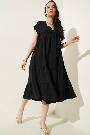 V Yaka Volanlı Elbise Siyah - Kadın Giyim Modelleri