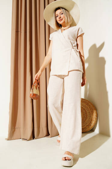 V Yaka Yandan Bağlamalı Keten İkili Takım Bej - Kadın Giyim Modelleri