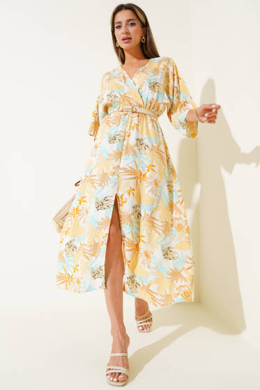 V Yaka Yaprak Desenli Beli Lastikli Elbise Hardal - Kadın Giyim Modelleri