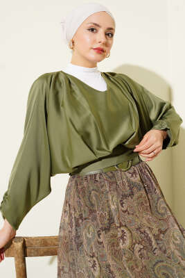 V Yaka Yarasa Kol Saten Bluz Çağla Yeşili - MISRA