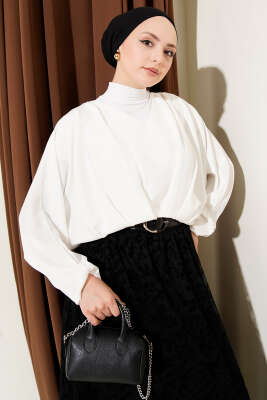 V Yaka Yarasa Kol Saten Bluz Ekru - MISRA