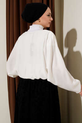 V Yaka Yarasa Kol Saten Bluz Ekru - Bluz