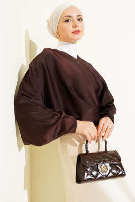 V Yaka Yarasa Kol Saten Bluz Kahve - MISRA