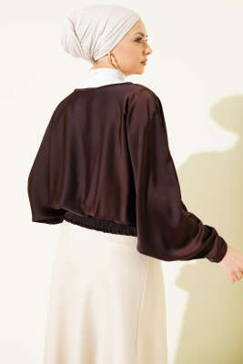 V Yaka Yarasa Kol Saten Bluz Kahve - Bluz