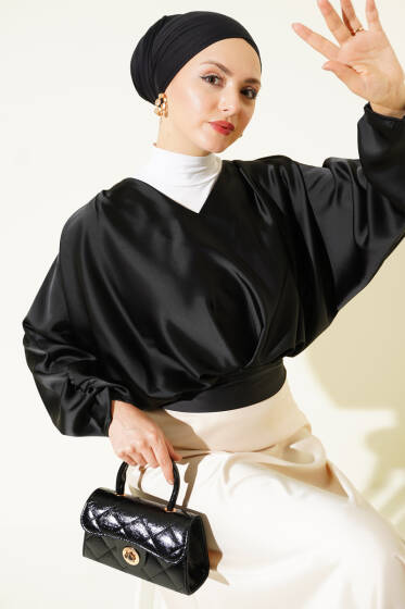 V Yaka Yarasa Kol Saten Bluz Siyah - Bluz