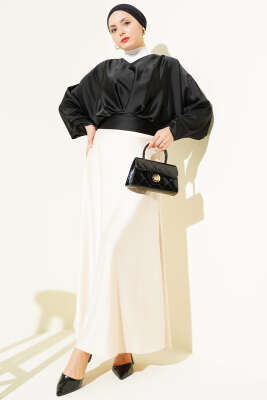 V Yaka Yarasa Kol Saten Bluz Siyah - Bluz