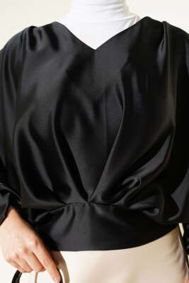 V Yaka Yarasa Kol Saten Bluz Siyah - Bluz