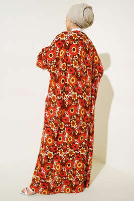 V Yaka Yarım Düğmeli Çiçek Desenli Elbise Kiremit - Thumbnail
