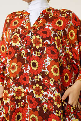 V Yaka Yarım Düğmeli Çiçek Desenli Elbise Kiremit - Thumbnail