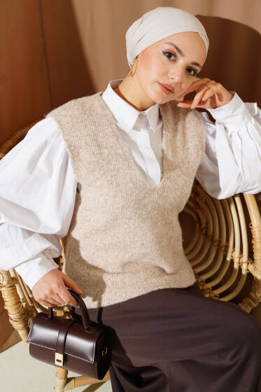 V Yaka Yumoş Triko Süveter Bej - Yılın Fırsatı
