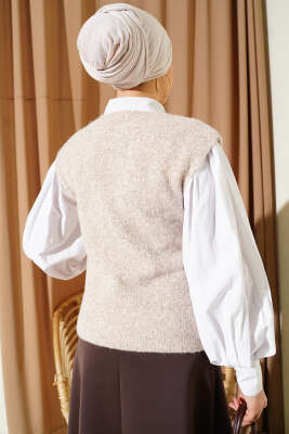 V Yaka Yumoş Triko Süveter Bej - Yılın Fırsatı