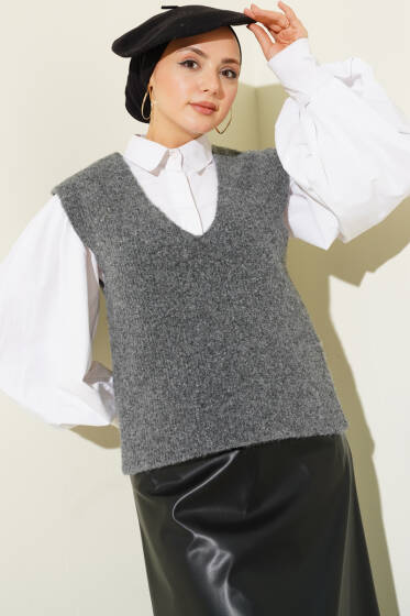 V Yaka Yumoş Triko Süveter Füme - Yılın Fırsatı