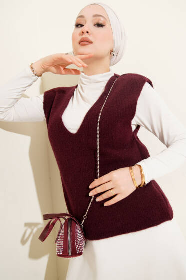 V Yaka Yumoş Triko Süveter Mürdüm - Yılın Fırsatı