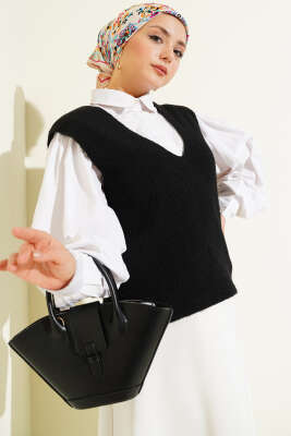 V Yaka Yumoş Triko Süveter Siyah - VANİZA TRİKO